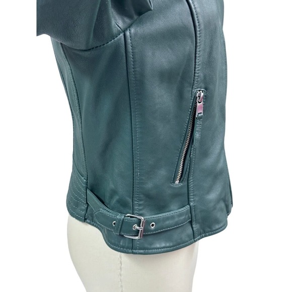 VTG Liebeskind Berlin Green Leather Jacket Sz L Poly Lined Adjustable Waist - Picture 4 of 10